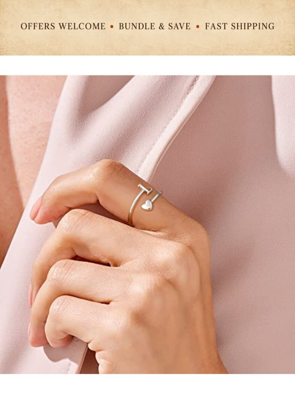 Gold Plated Heart Initial Rings Adjustable Stackable Rings - Picture 5 of 6